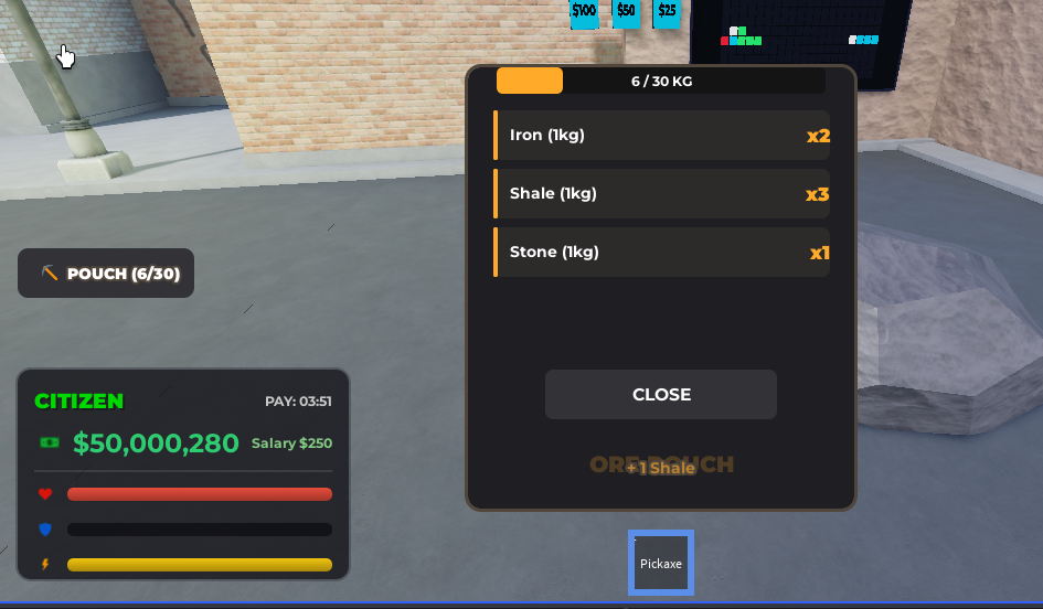 Mining district UI / ore pouch system (screenshot 1)